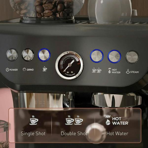 Espresso machine control panel with selector buttons and pressure gauge