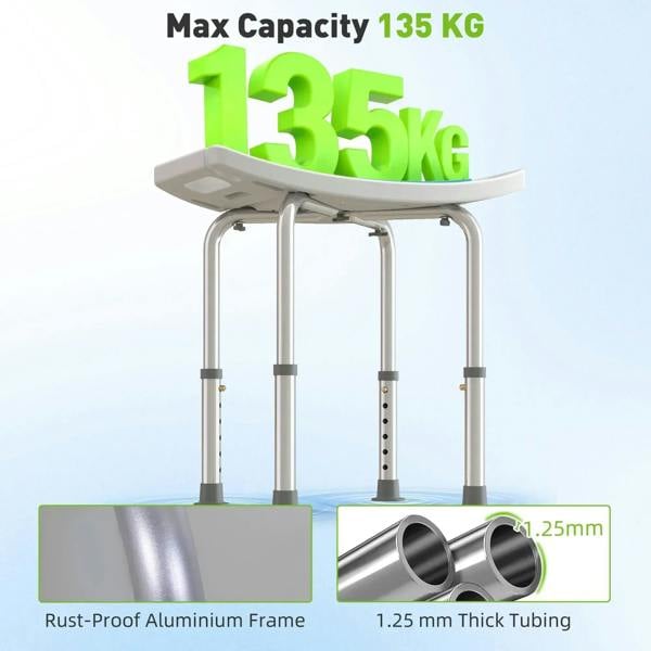 Adjustable-height shower stool with aluminum frame and blue perforated seat, reinforced legs