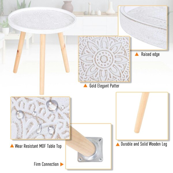 Wyld Haus Nona Wood White Round Coffee Table With Carved Floral Tray Top