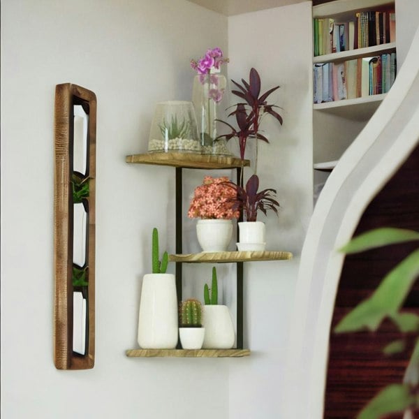 Rafaelo Mobilia 3 Tier Wall Mounted Floating Corner Shelf Rustic Brown