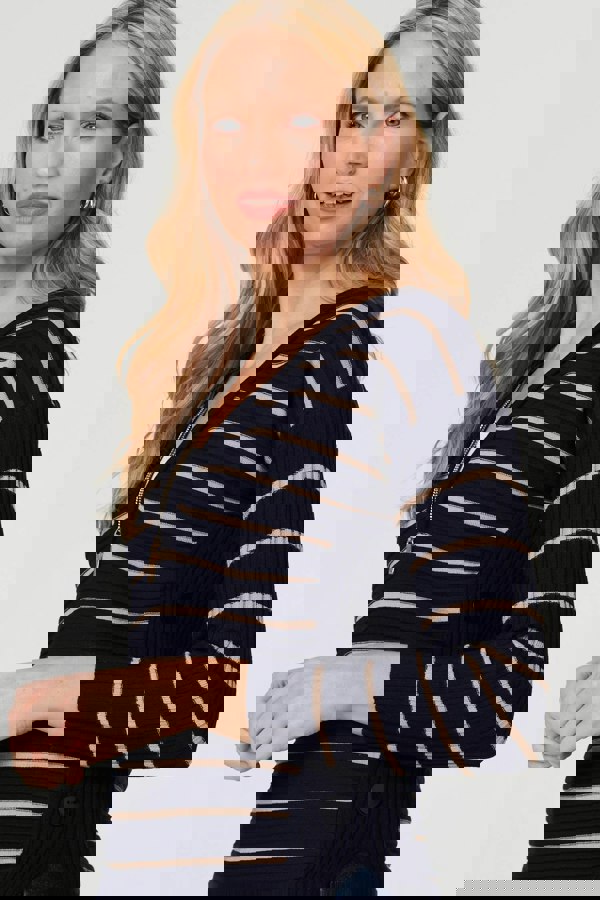 Navy | Striped Zip-Neck Textured Knit Top
