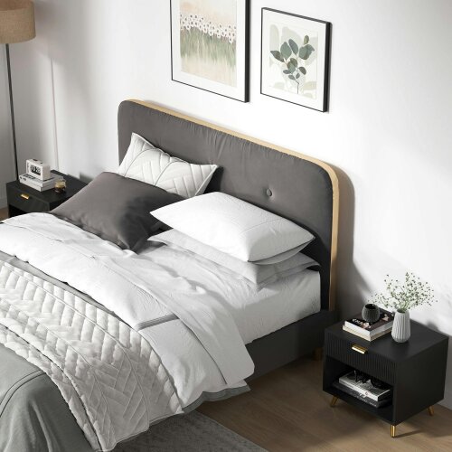 Wyld Haus Sota Sola Set Of 2 Black And Gold Ribbed Elegant Bedside Tables With Drawer And Shelf