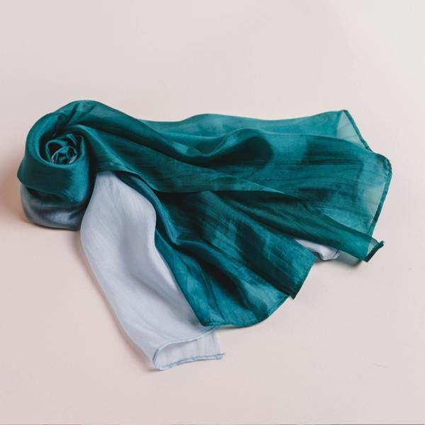 Blue & Emerald Ombré Silk Scarf – Hand-Dyed Mulberry Silk, Wedding Guest & Eid Wrap