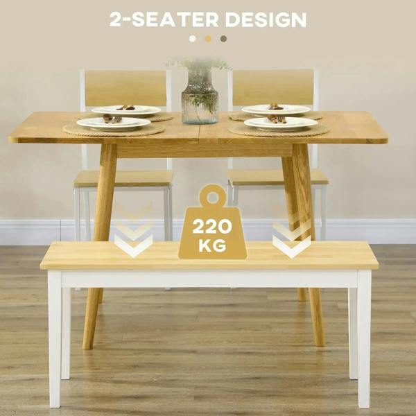 White and light wood bench with solid frame, 2-seater dining style.