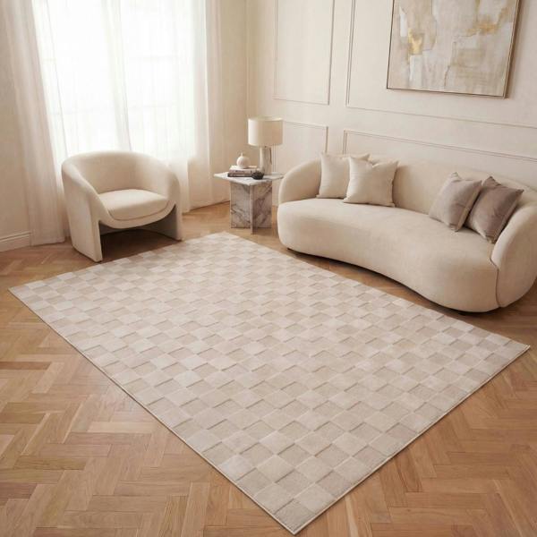 Living room with a beige patterned rug, sofa, and armchair.