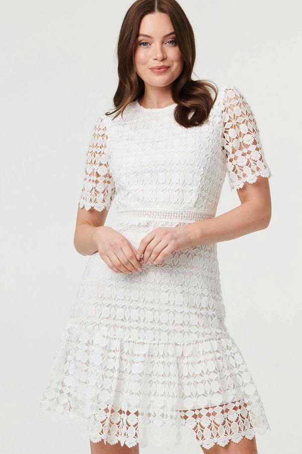 White | Semi Sheer Lace Layer Fitted Short Dress