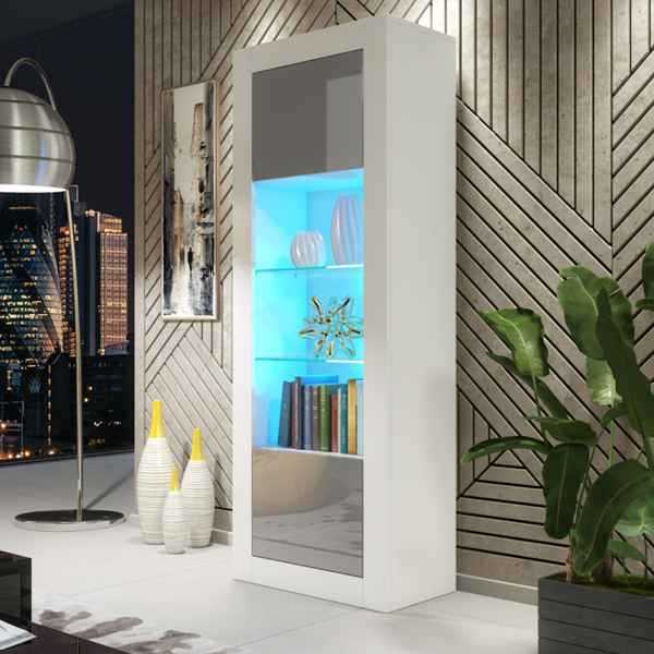 Mex Furniture 170cm Modern Display Cabinet – Grey High Gloss Doors