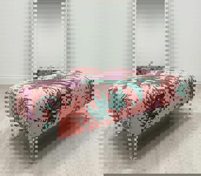 Green Lynx Dragon velvet footstool close-up, luxury fabric - ISTOOLS