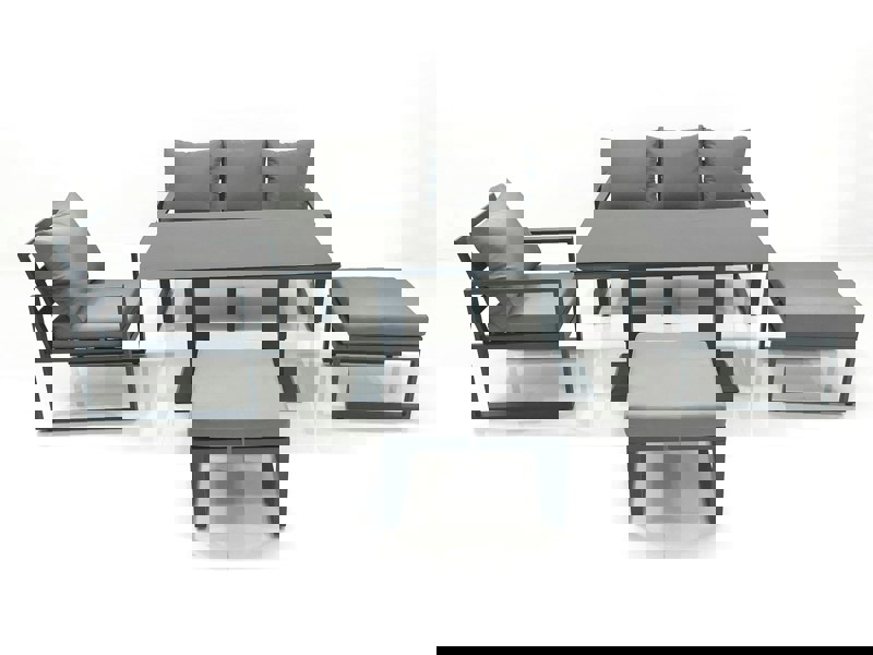 Fimous 6 Seater Garden Sofa Set Aluminium Furniture Rising Dining Tabe Set with Chair 2 Big Footstool Dark Grey