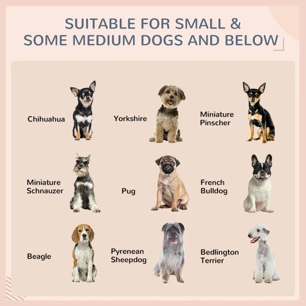 Dog house size guide with silhouettes for small and medium breeds