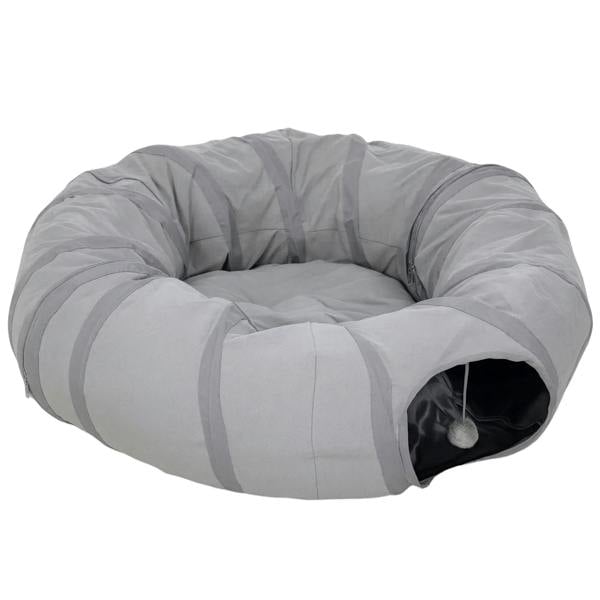 Grey fabric cat play tunnel bed with ball and curved entrance opening
