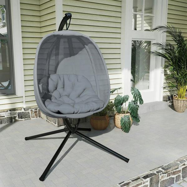 Grey hanging egg chair swing hammock with padded seat and curved metal frame