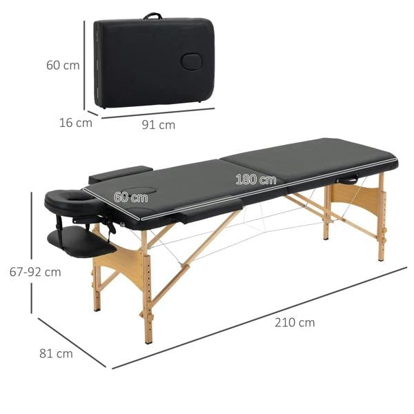 Black folding massage table with two-section padded surface and shown overall dimensions