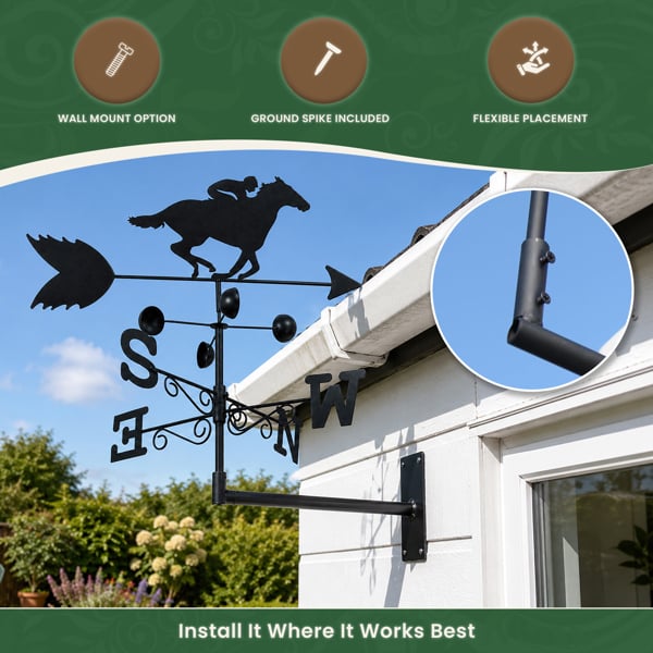 Horse Racer Steel Weathervane with Ground Spike and Wall Fixing, Black Outdoor Wind Direction Ornament with Wind Speed Cups