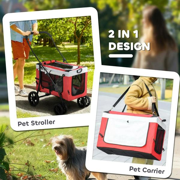 2-in-1 foldable pet stroller and carrier graphic with outdoor use examples