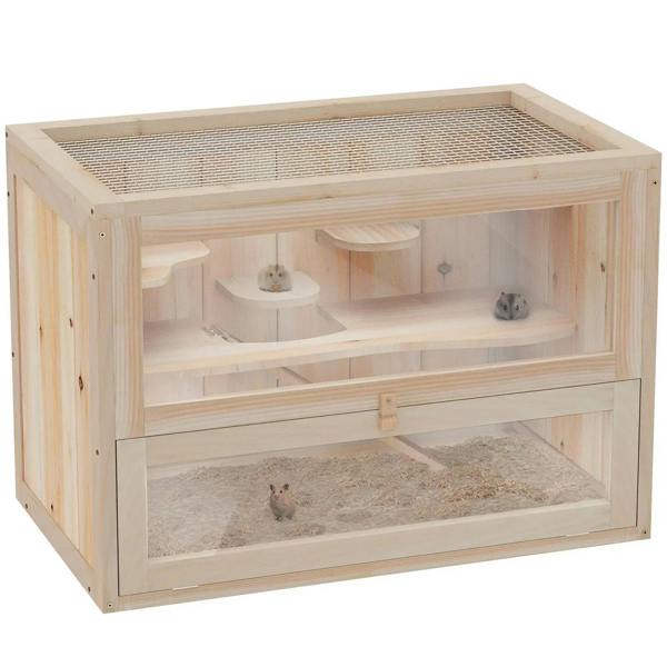 Natural wood hamster cage with wire mesh top and open two-level interior