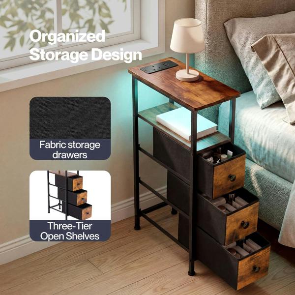 Levede Bedside Table with LED Light Charging 3 Fabric Drawers Storage Brown