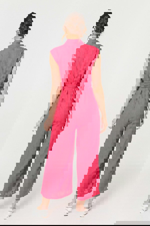 Pink | Sleeveless Tie Waist Button-Up Jumpsuit
