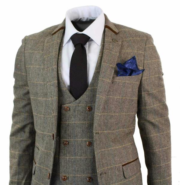 Marc Darcy Mens 3 Piece Tan Herringbone Tweed Check Suit