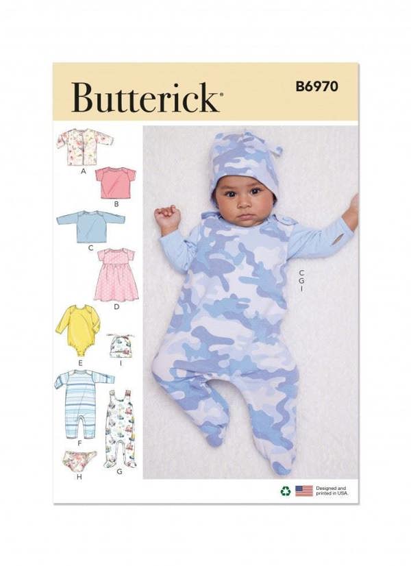 Butterick Sewing Pattern 6970, Jackets, Tops, Dresses, Jumpsuits, Headwear for Baby, A (XXS-XS-S-M-L) - Easy
