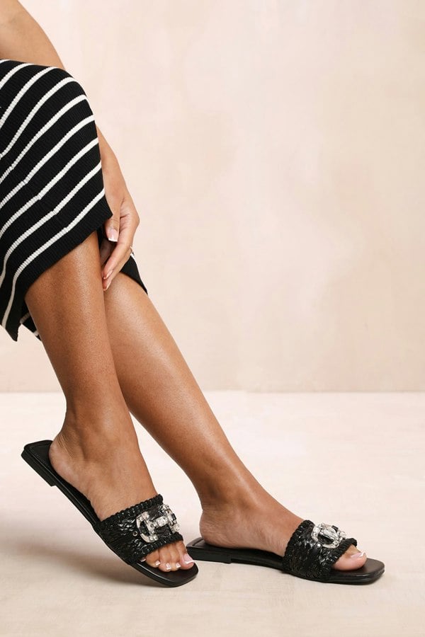 Where's That From Sarah Jewel Detail Flat Sandals in Black Raffia