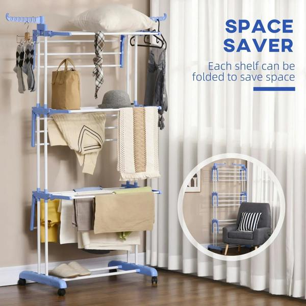 Foldable 4-tier drying rack with hanging rails and folded shelves, blue frame.