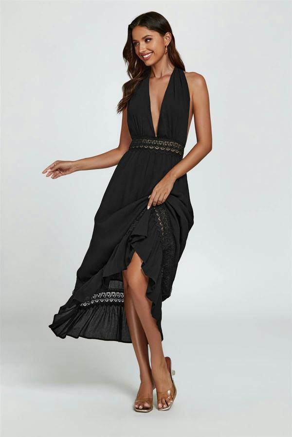 FS Collection Lace Detail Adjustable Deep V Neckline Maxi Dress In Black