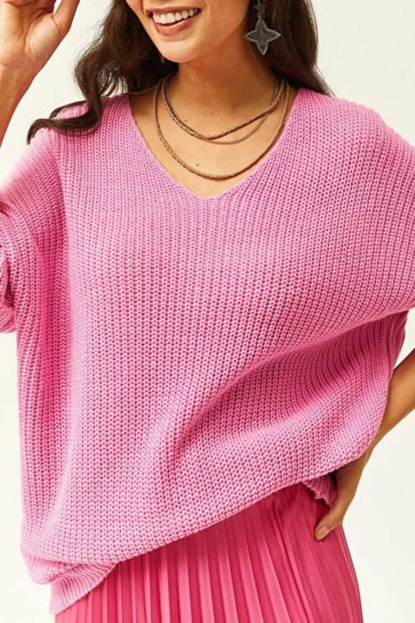 Hoxton Gal V-Neck Fisherman’s Rib Knit Oversized Sweater
