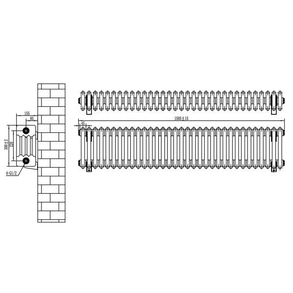 Traditional white 4 column radiator with detailed dimensions, showcasing a sleek design and textured surface for efficient heating