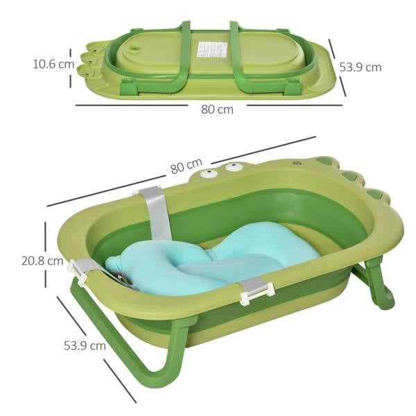 Green ergonomic baby bath tub with blue cushion and height/length sizing views