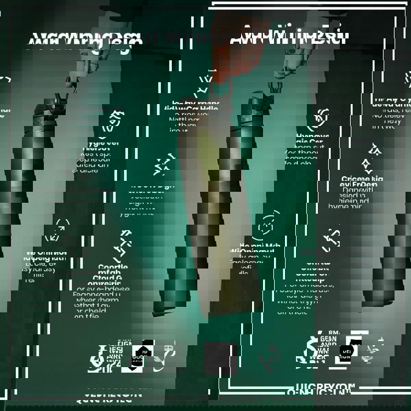 A dark-green water bottle is being held. It features a hide-away handle, a crevice-free design, and a wide opening mouth. Awards from 2021 and 2024 are shown. QUENCH RECYCLON™ is also shown.