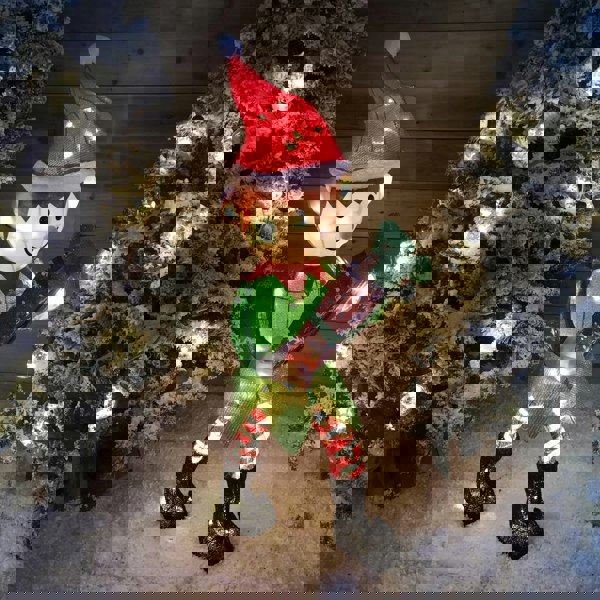 Samuel Alexander 107cm Warm White LED Lit Elf Character with Present Christmas Decoration in Green and Red