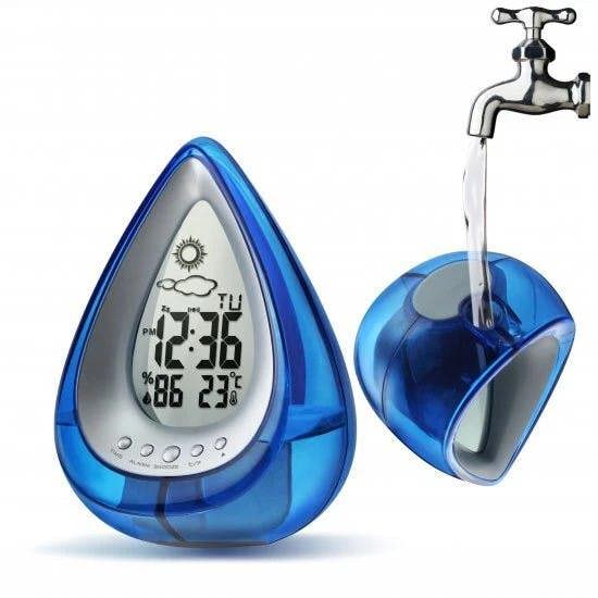 Smart Living Large Water Power Drop Shape Thermometer Clock - Blue