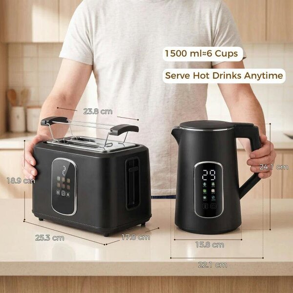 Kettle and Toaster Set with LED Touch Screen, Kettle with Strix Thermostat, 2 Slice Toaster w/ 6 Browning Levels, Black
