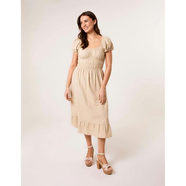 Blue Vanilla Puff Sleeve Shirred Panel Dress