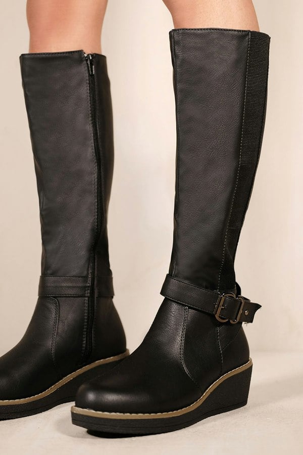 Where's That From Ayleen Wedge Heel Knee High Boots With Elastic Panel in Black Faux Leather