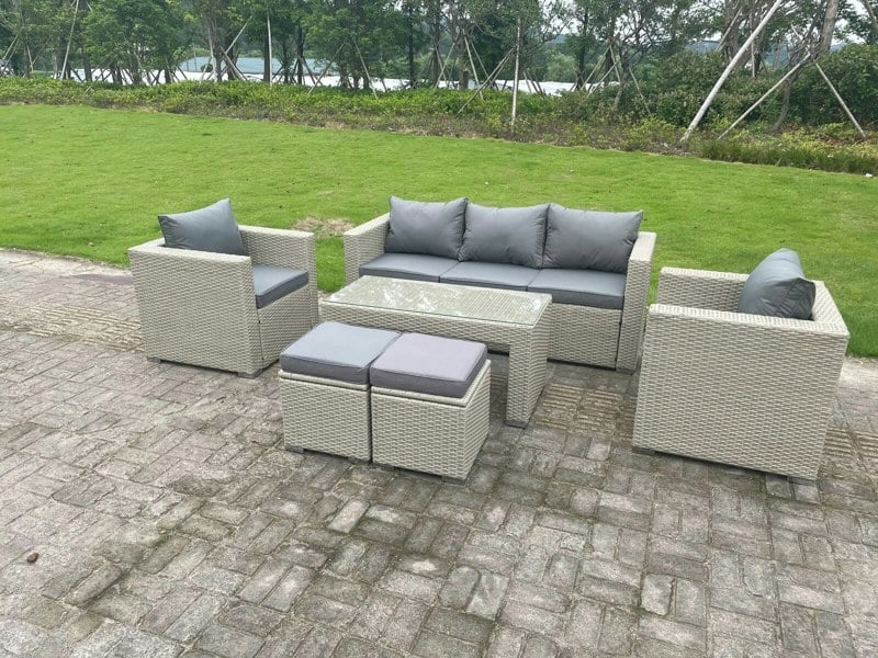 Fimous Wicker Rattan Garden Furniture Sofa Sets Outdoor Patio Coffee Table With Stools light grey