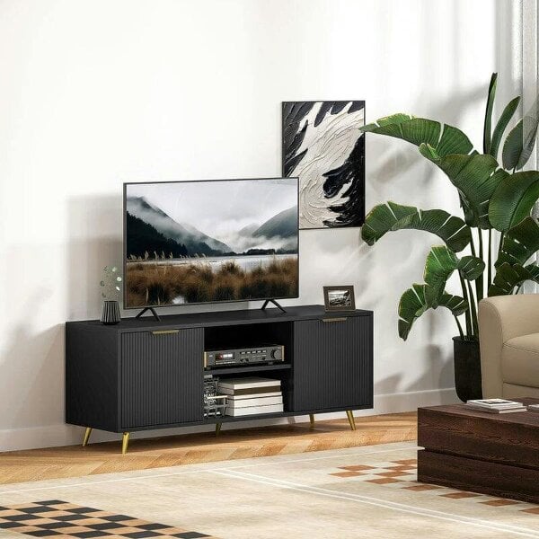 Modern TV Stand Cabinet for TVs up to 55", 2 Open Shelves & 2 Cabinets, Entertainment Centre - Cable Management for Living Room, Black