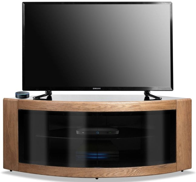 Centurion Supports PANGEA Black Oak Beam-Thru Curved Tru-Corner 32"-50" TV Cabinet