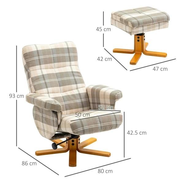 Plaid linen-look swivel recliner chair with footstool, shown with size dimensions