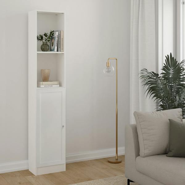 Furniture To Go Basic Tall Narrow Combination Storage Bookcase in White (4 Shelves) with Glass White Door