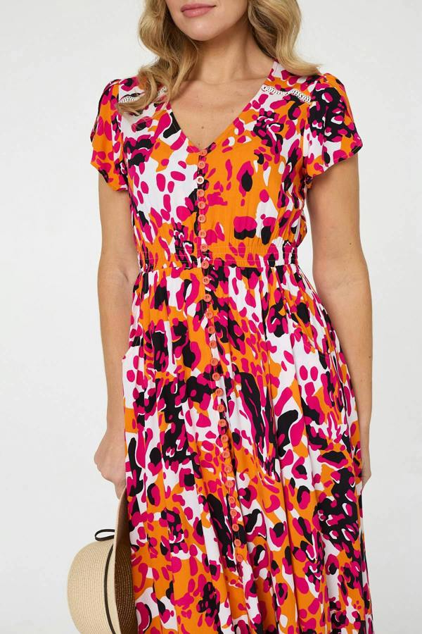 Orange | Animal Print Lace Trim V-Neck Maxi Dress
