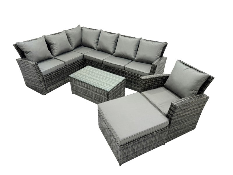 Fimous 8 Seater High Back Rattan Garden Furniture Set Corner Sofa With Oblong Coffee Table Big Footstool