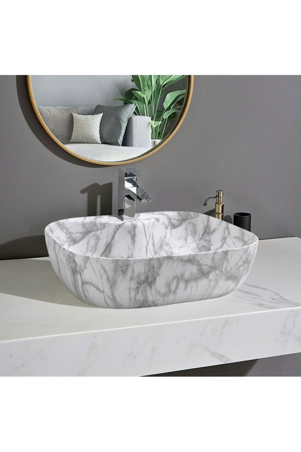 Living and Home White Ceramic Marble Vessle Bathroom Sink