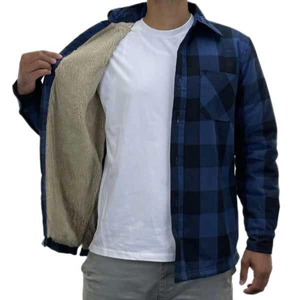 Sherpa fleece shirt in blue check worn outdoors offering warmth and comfort for country life