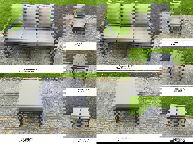 Fimous 7 Seater Aluminium Outdoor Dining Set with Adjustable Rising Dining Table, Chairs, 3 Footstools, 2 Side Tables - Dark Grey