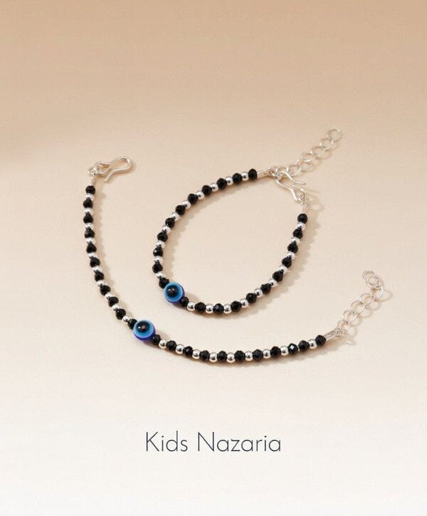 The Colourful Aura Baby/Kids Evil Eye Nazaria Black & Silver Bracelet/Anklet