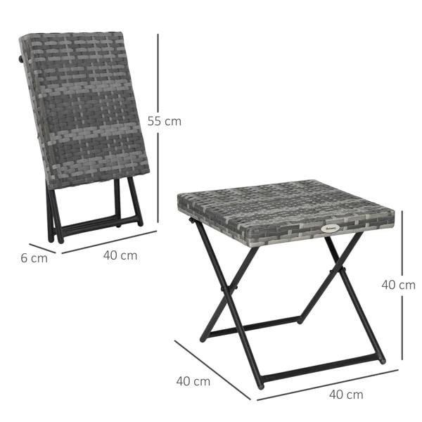 Square grey woven rattan-style folding table with black steel folding legs