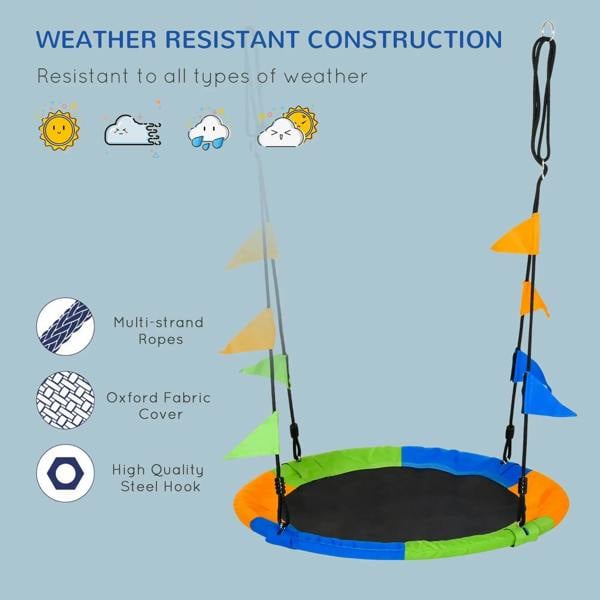 Weather-resistant saucer swing seat with black ropes and orange, blue, green cover