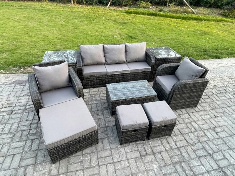 Fimous Rattan Garden Furniture Set - Dark Grey Mixed Patio Lounge Sofa with Rectangular Coffee Table & 3 Footstools